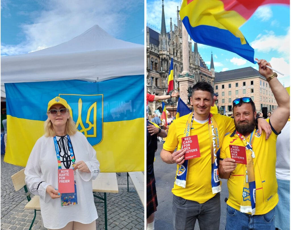 Hier ist Bild 3 zu sehen. Es zeigt Fans aus der Ukraine und Rumänien mit den roten Karten der Kampagne.