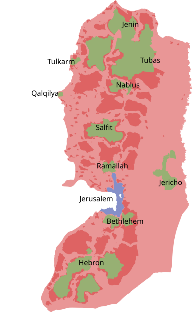 Hier ist Bild 1 zu sehen. Es zeigt eine Karte des Westjordanlands mit den A-, B- und C-Gebieten.