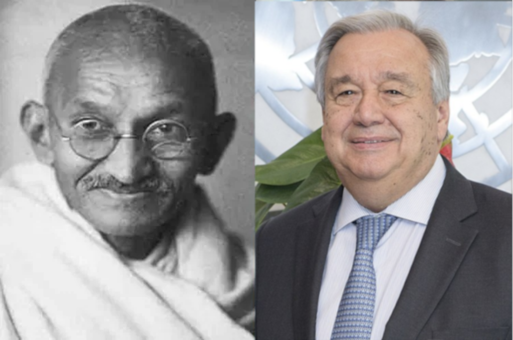 Das Titelbild zeigt Mahatma Gandhi (links) und UN-Generalsekretär António Guterres (rechts)