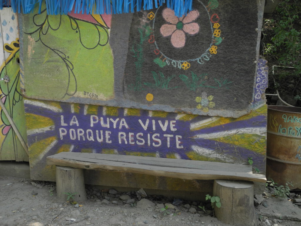 Hier ist Bild 2 zu sehen. Es zeigt eine Holzbank mit bunt bemalter Holzwand, u.a. mit dem Spruch “La Puya lebt, weil es Widerstand leistet