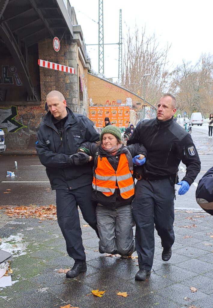 Hier erscheint Bild 1. Es zeigt zwei Polizisten, die Judith Schäfer bei der Aktion in der Puschkinallee abführen.