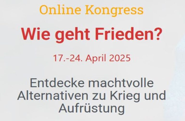 Hier ist das Titelbild zu sehen. Es zeigt die Ankündigung des Online-Kongresses "Wie geht Frieden?"