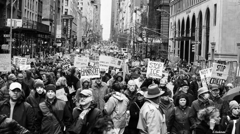Über 100.000 Menschen demonstrierten am 5. April 2025 in Manhattan mit einem Meer von Schildern gegen Trump, Oligarchen und Faschisten: „Hands Off!“