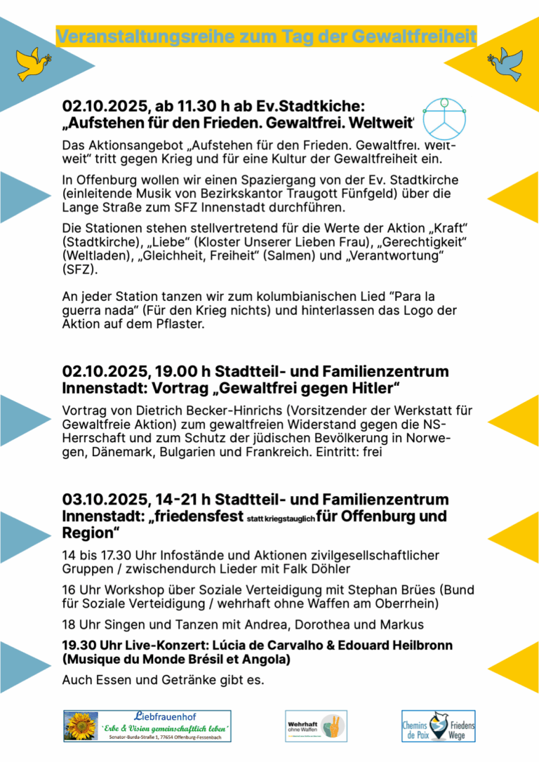 Flyer über drei Veranstaltungen zum Tag der Gewaltfreiheit in Offenburg